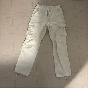 Light Cream Cargo Jeans with Elastic Waistband and Relaxed Fit